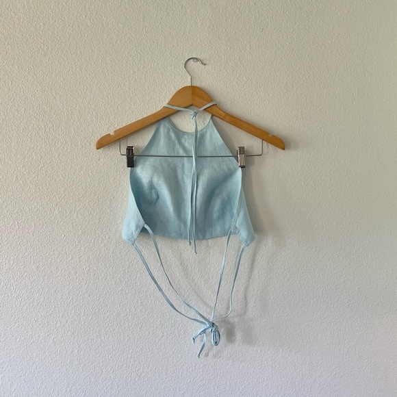 NWT MATTHEW BRUCH Tie Halter Crop Top & Kick Pleat Mini Skirt Set in Aqua - Picture 4 of 10